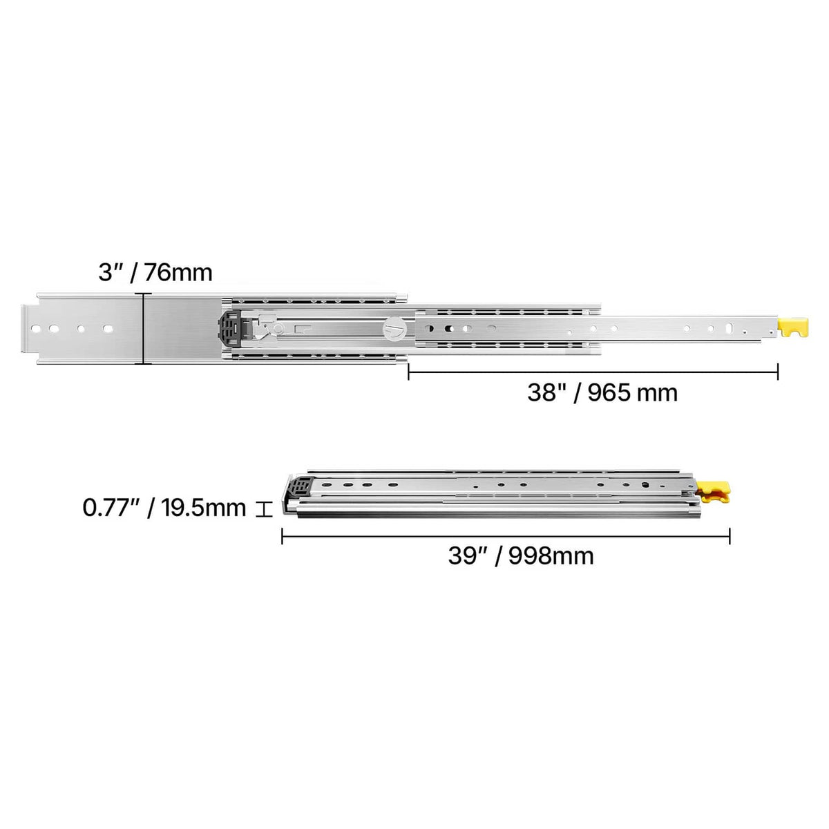 Full extension drawer slide rail with dimension lines and yellow release tab