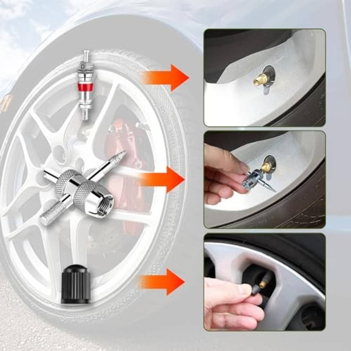 Tire valve installation tool kit with red handle and silver knurled core remover on wheel