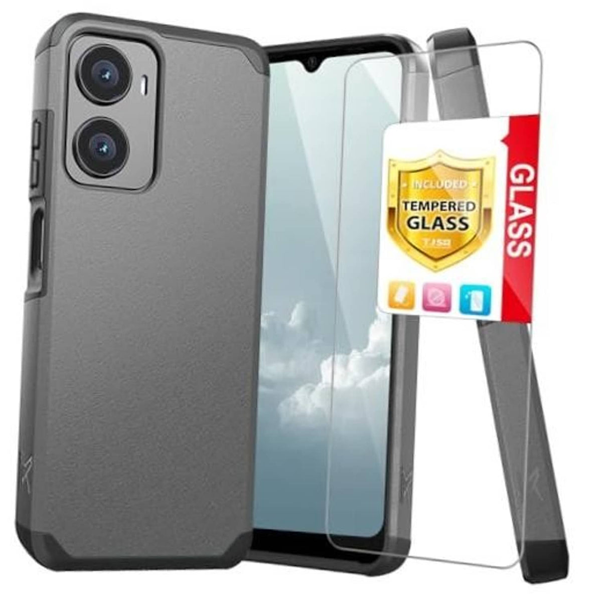 Gray phone case with dual camera cutouts and included tempered glass screen protector