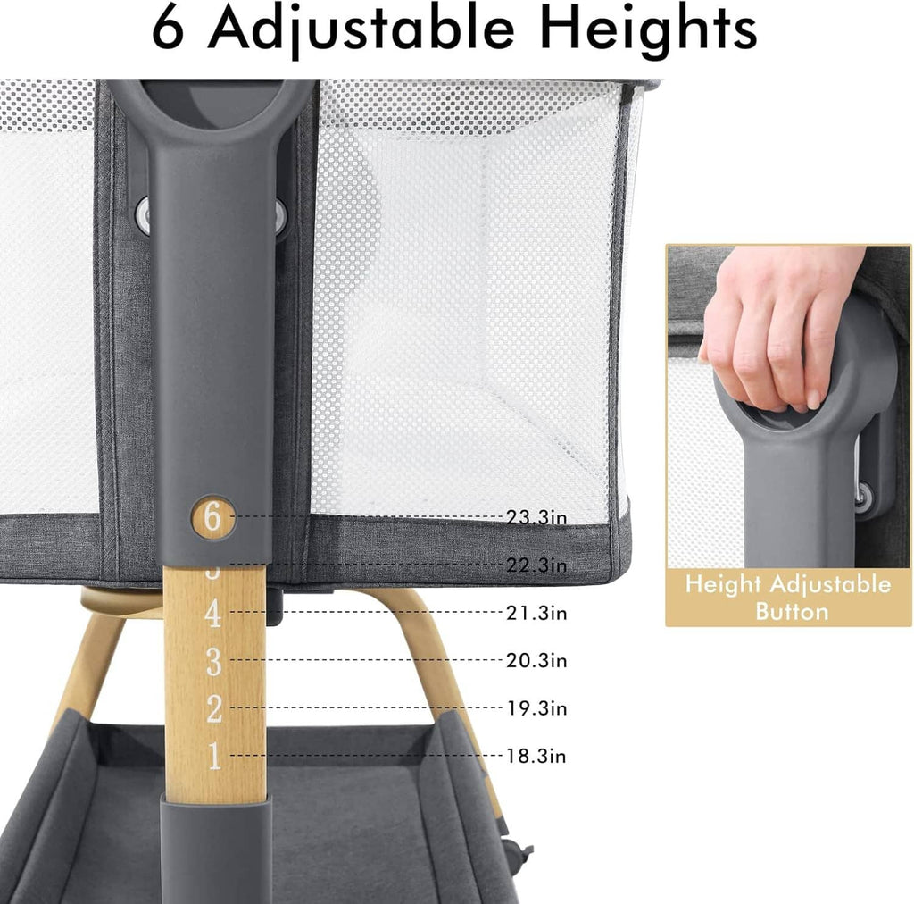 Adjustable height baby bassinet leg with control button, gray mesh side panel.