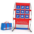 Baseball pitching target net with red frame and blue 1–9 numbered pockets, mesh base