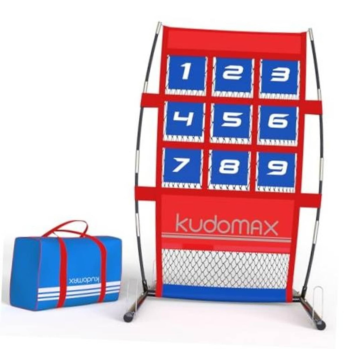 Baseball pitching target net with red frame and blue 1–9 numbered pockets, mesh base