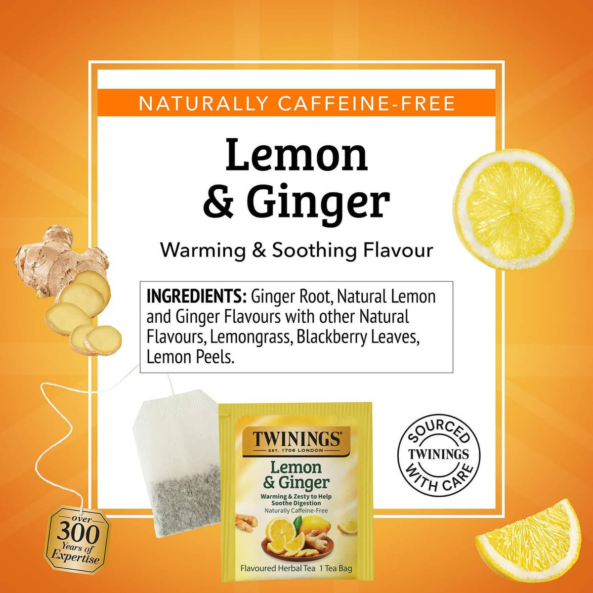Naturally caffeine-free Lemon & Ginger tea bag pack with ginger root and lemon