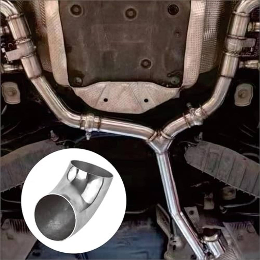 Stainless steel 90-degree exhaust elbow installed on a vehicle underside