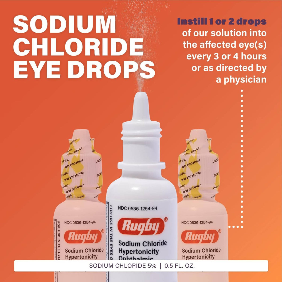 Sodium chloride hypertonicity ophthalmic eye drops 5% bottle with white dropper top.