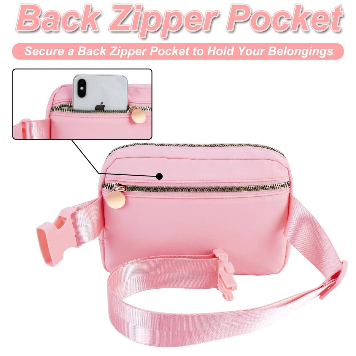 Peach crossbody pouch bag with front strap and back zip pocket