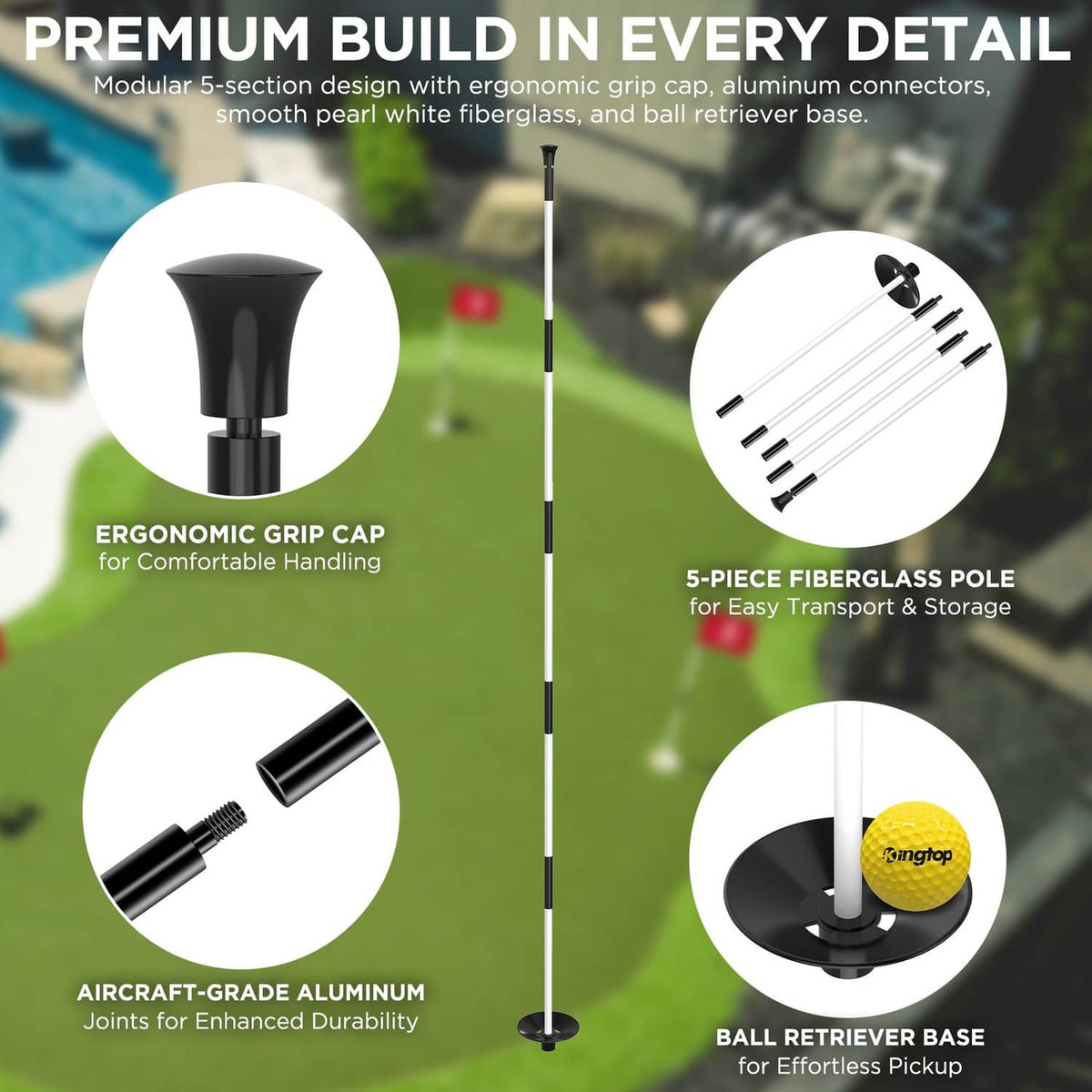 White modular 5-section golf flagpole with ergonomic grip cap and ball-retriever base