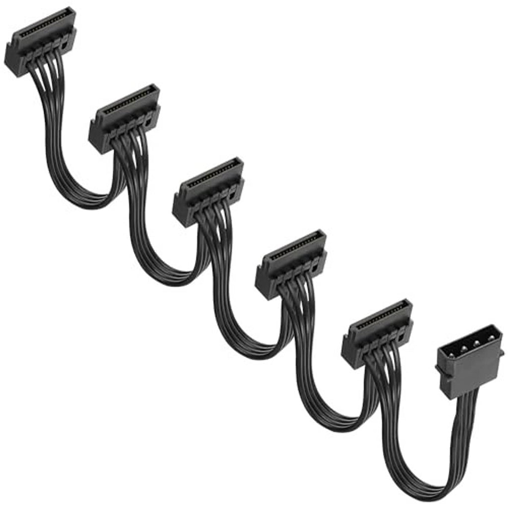 IDE 4-pin power cable splitter showing multiple SATA 15-pin female outputs