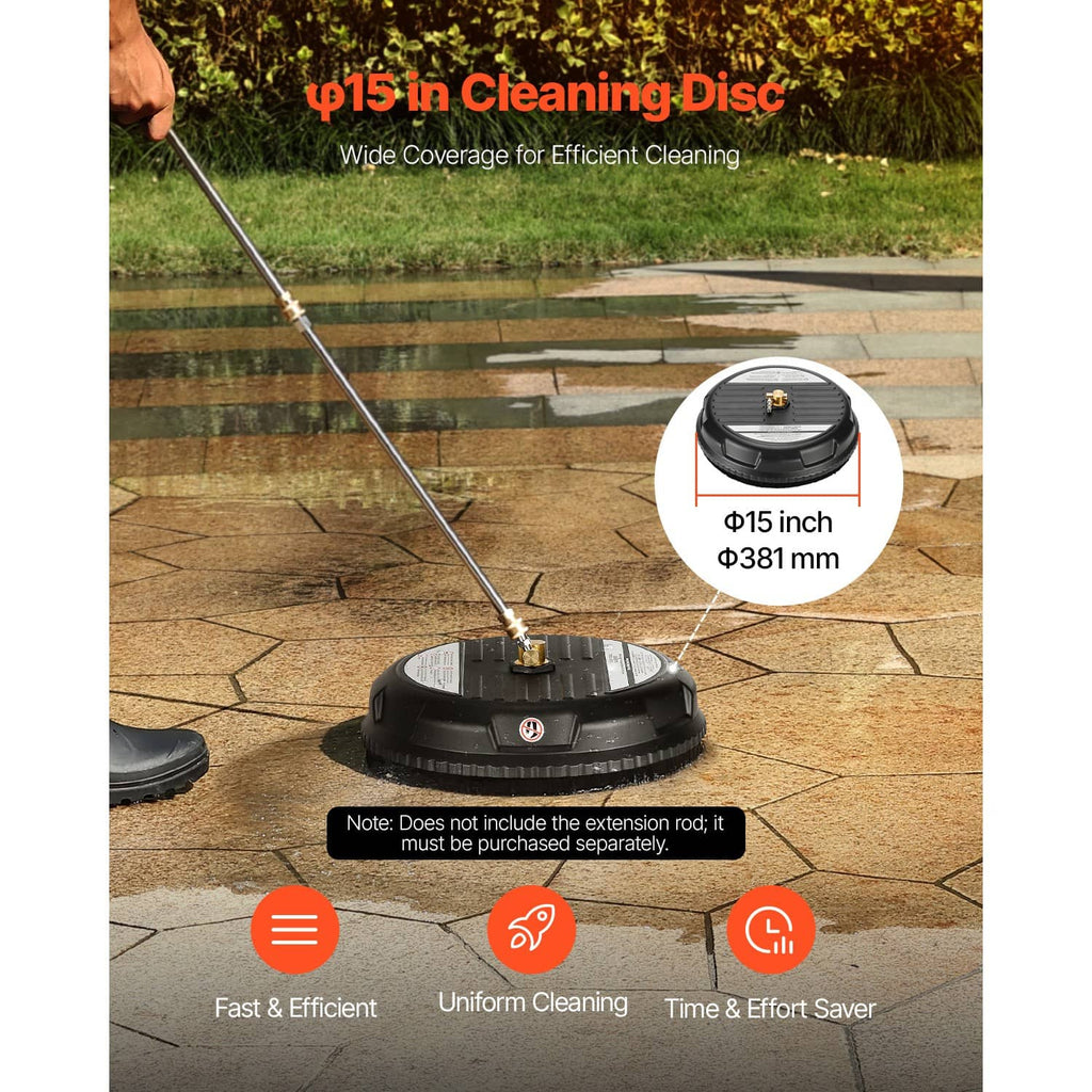 Black round pressure washer surface cleaner attachment on stone patio with spray wand