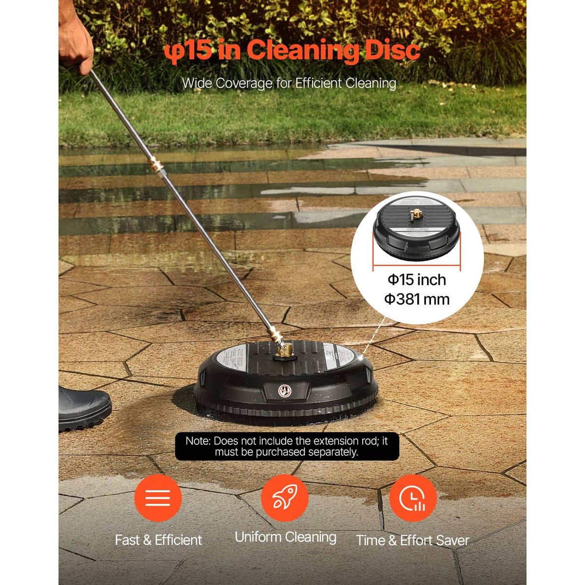 Black round pressure washer surface cleaner attachment on stone patio with spray wand