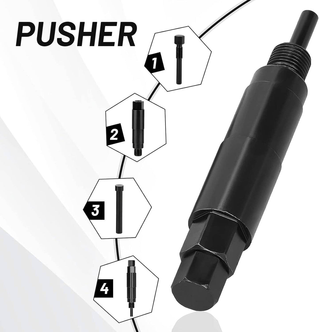 Spark plug pusher tool with black body and threaded rod, shown with step labels