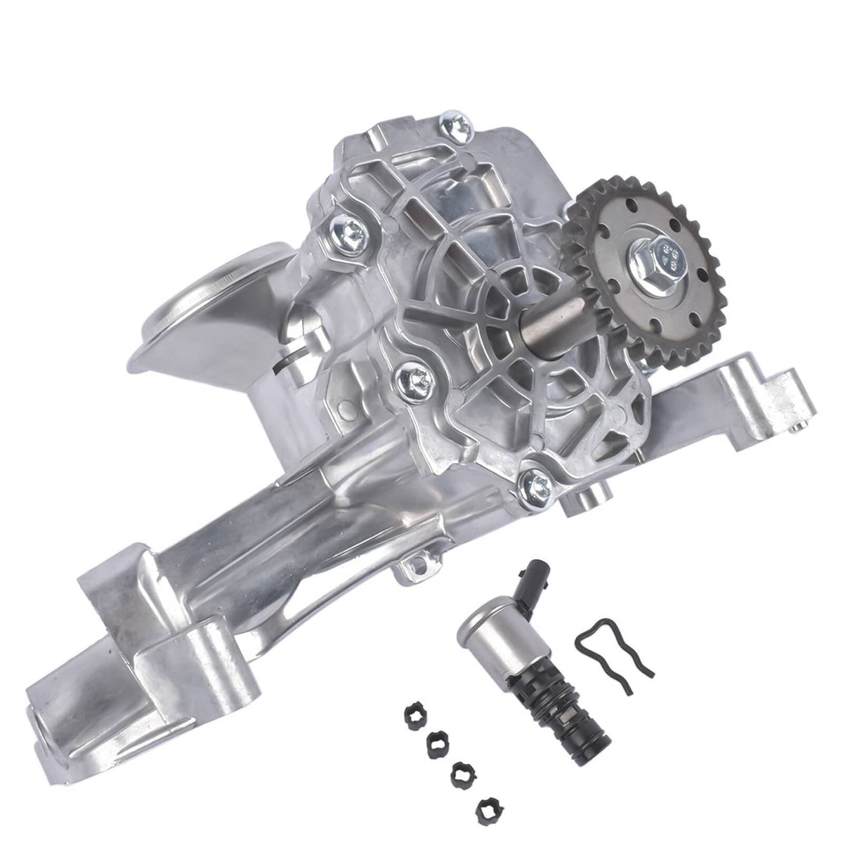 Metallic oil pump assembly with gear housing and mounting flange, includes small parts