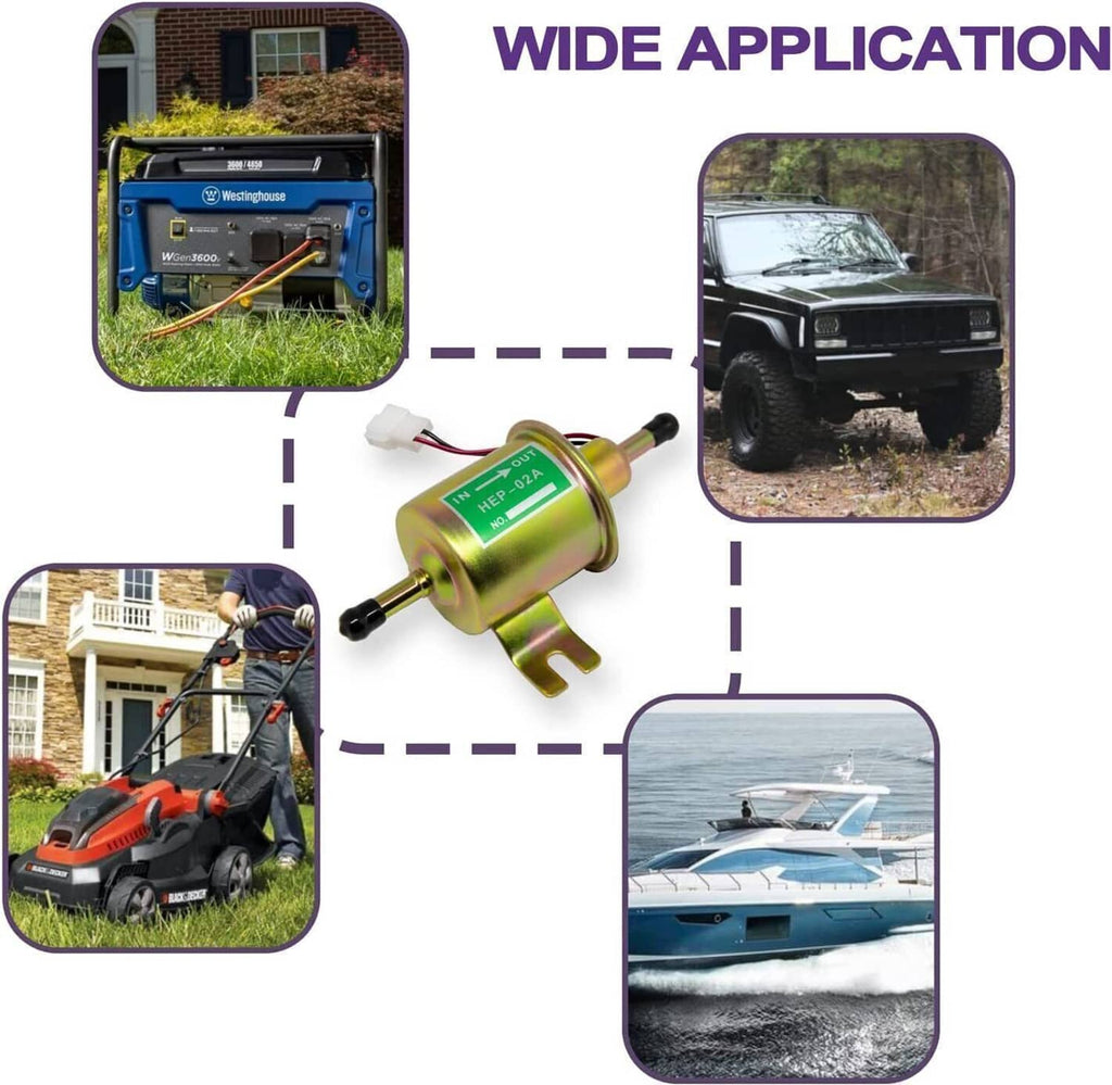 Inline electric fuel pump with green label, shown for vehicle and marine use