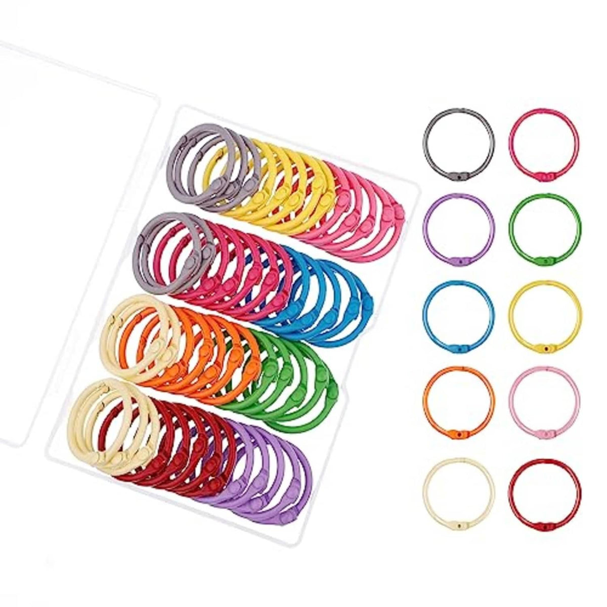 Colorful metal binder rings in a clear organizer tray, various loop colors