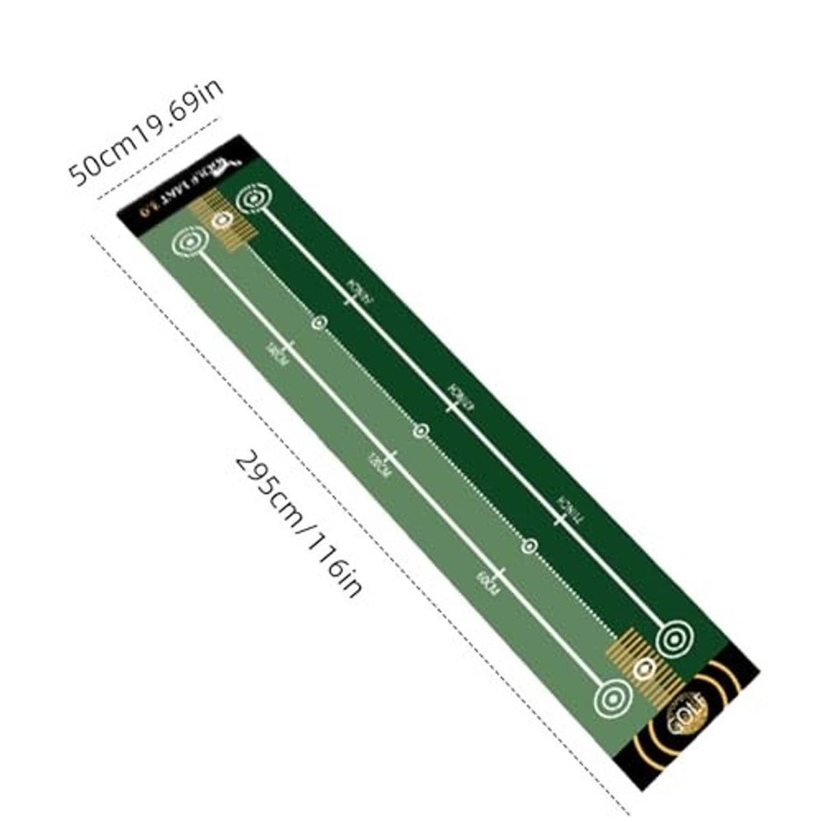 Green golf putting practice mat with size diagram, white lines, and target circles