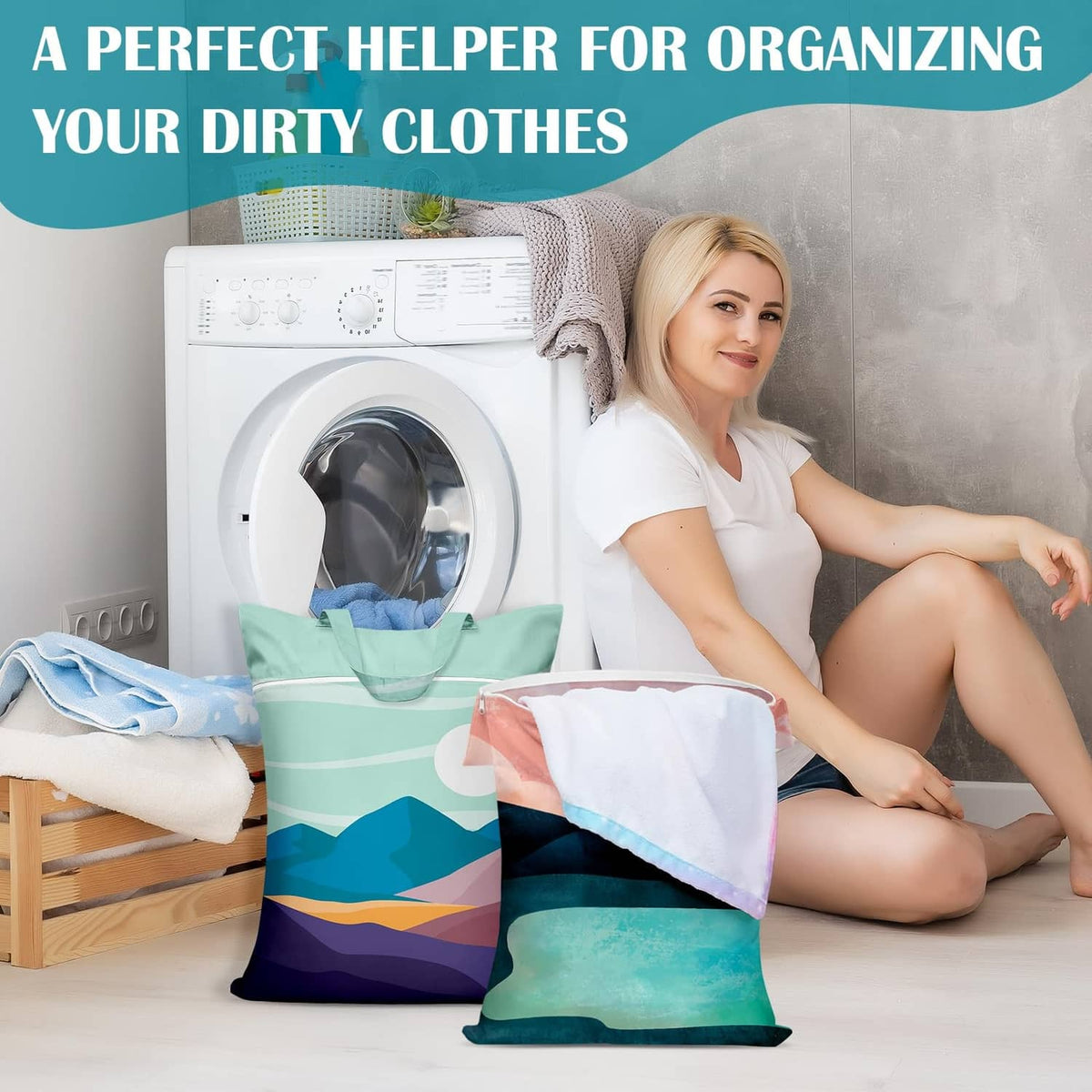 Landscape print laundry bags on floor beside a washing machine