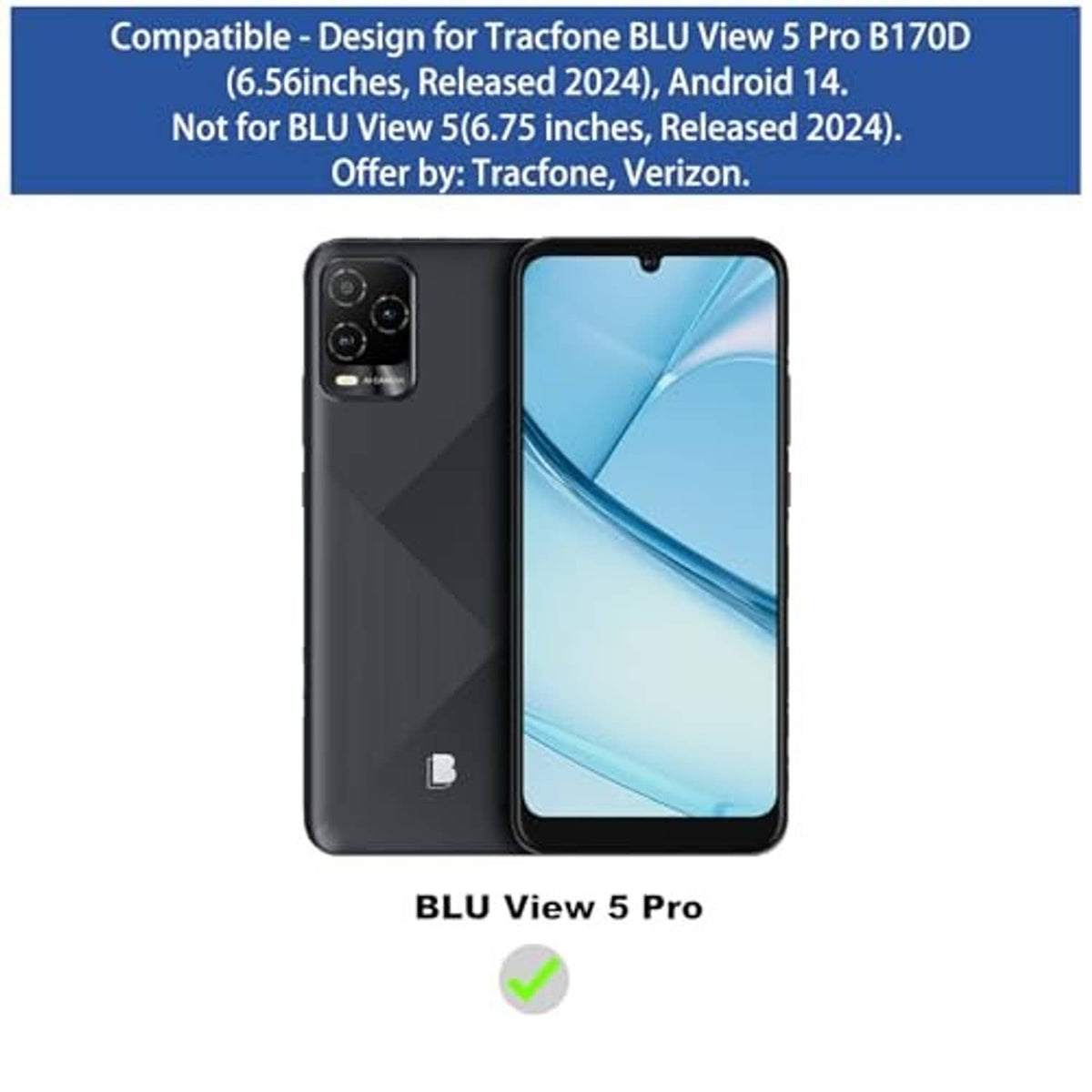 Phone compatibility view for a textured case, shown with BLU View 5 Pro