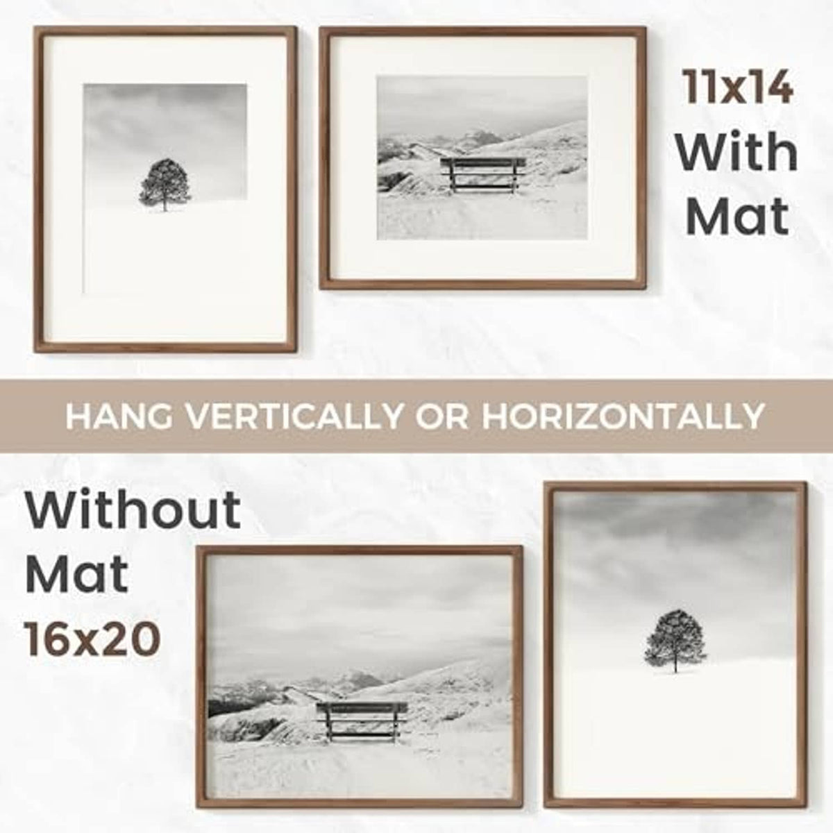 Walnut frame set showing 16x20 and 11x14 sizes with white mat for photos