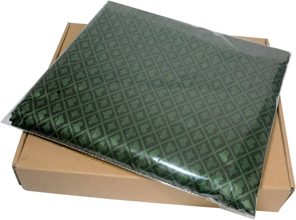 Stacked green poker table speed cloth sheets with diamond grid pattern in box