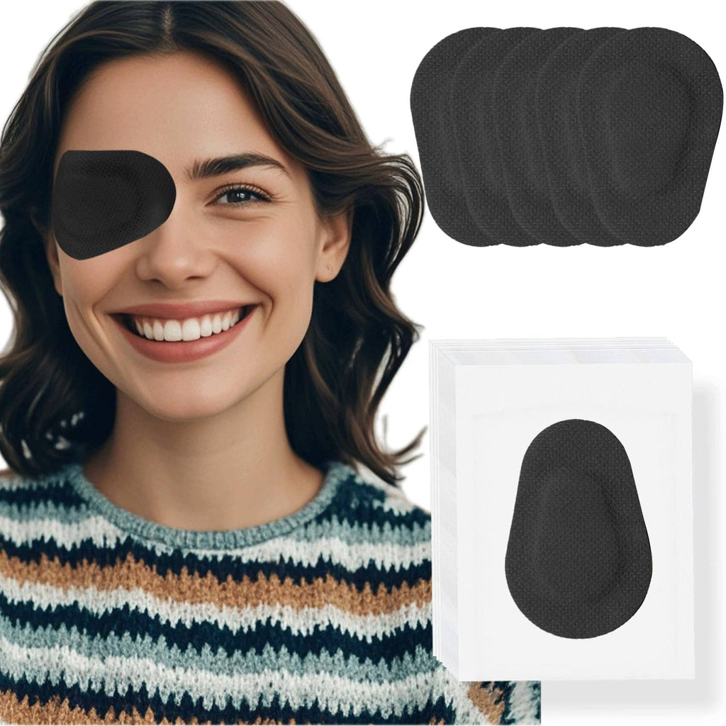 Black oval adhesive eye patch on a person’s face, regular size covering one eye.