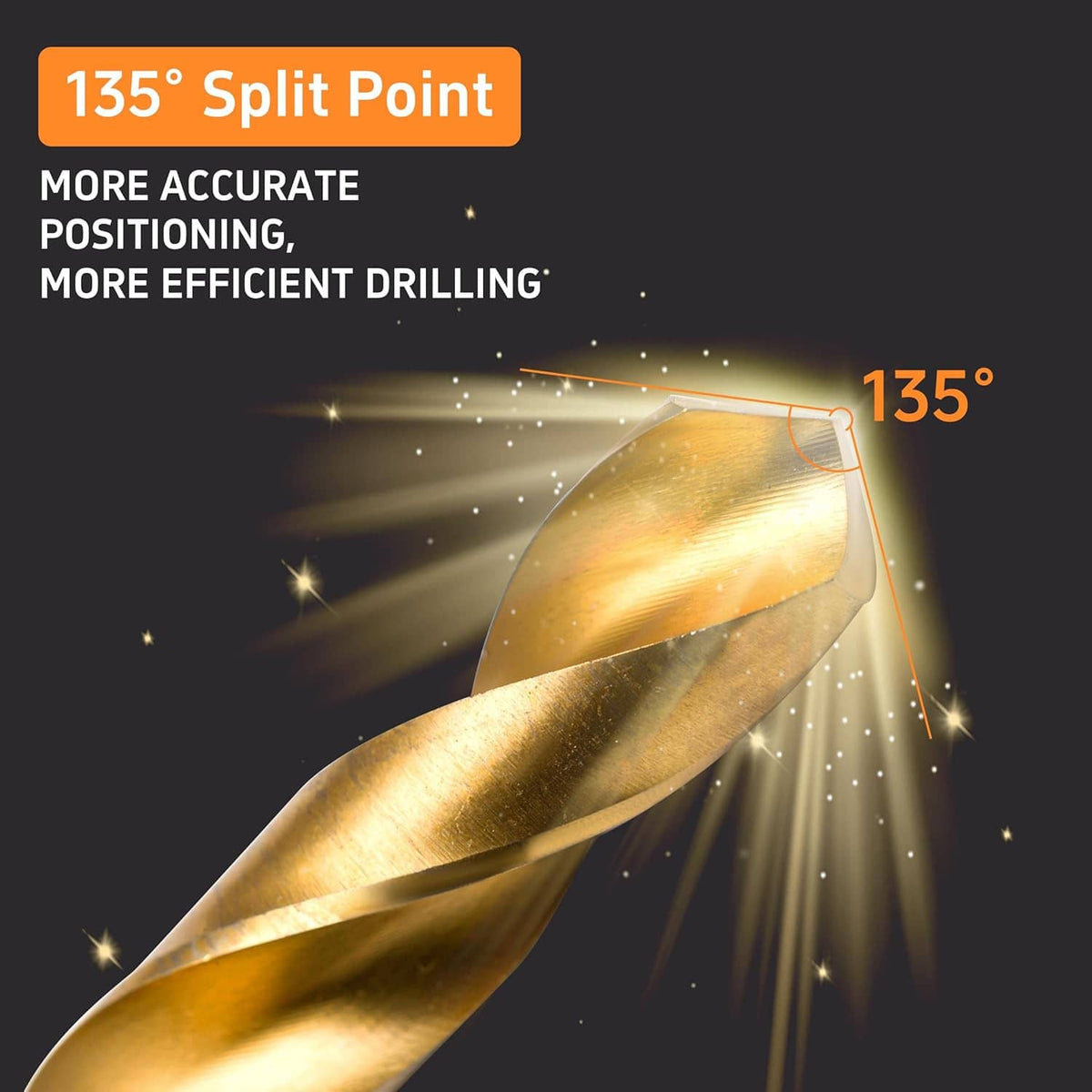 Gold left-hand drill bit with split-point tip graphic for efficient drilling