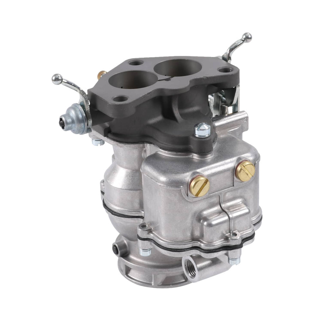 2-barrel carburetor side view with black throttle housing and silver mounting base