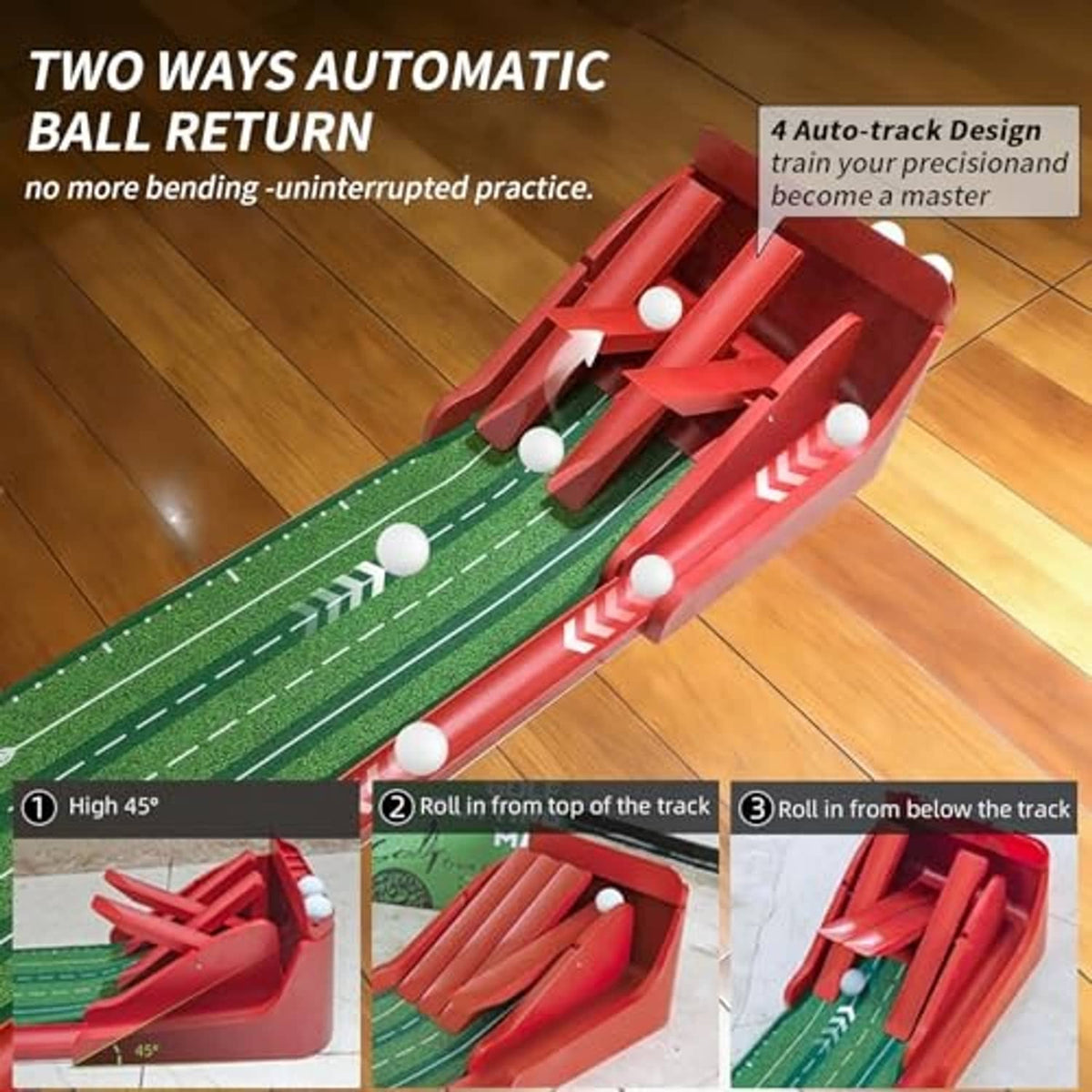 Green putting track mat with red auto ball-return ramp and white practice balls