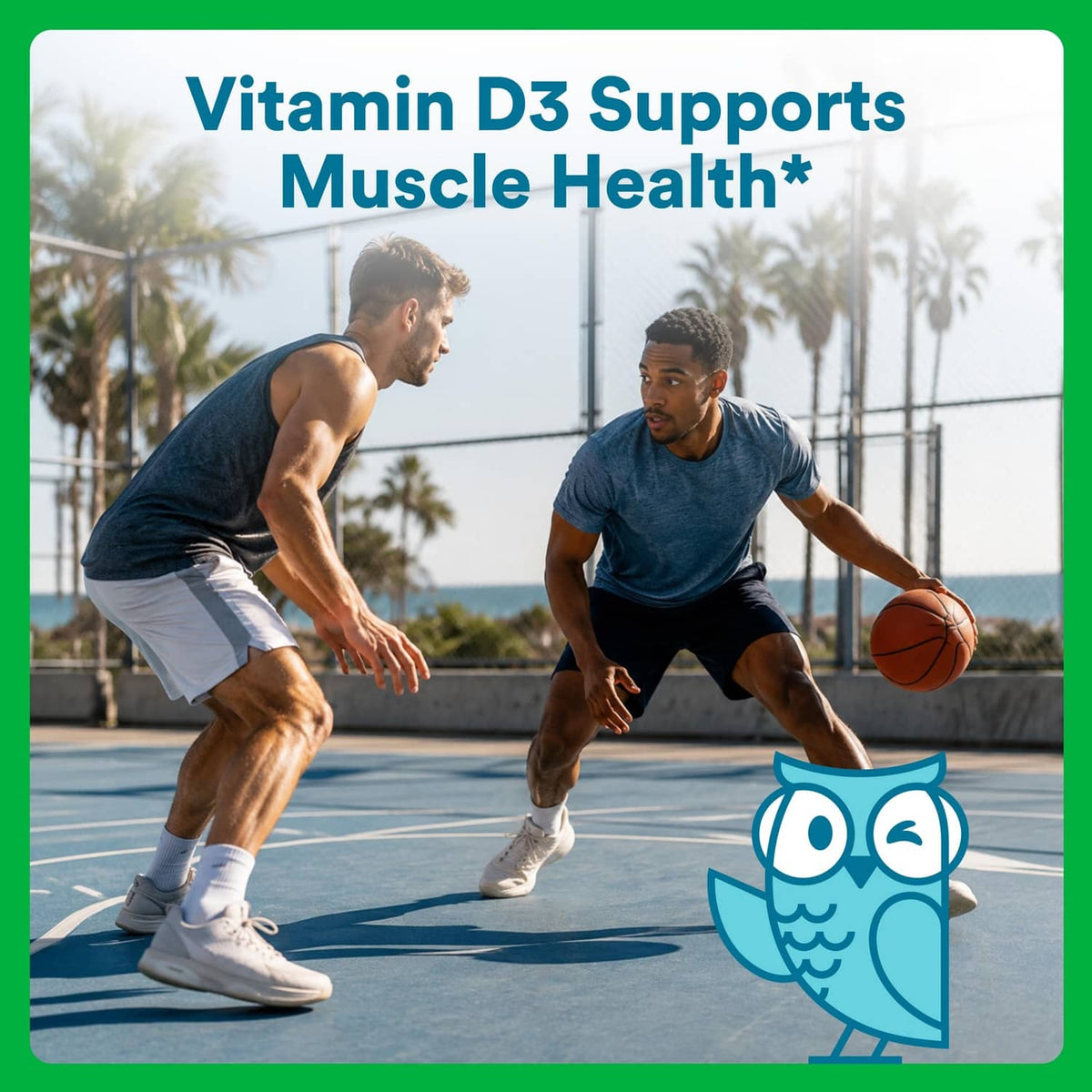 Vitamin D3 muscle health promotional card with basketball players and blue mascot