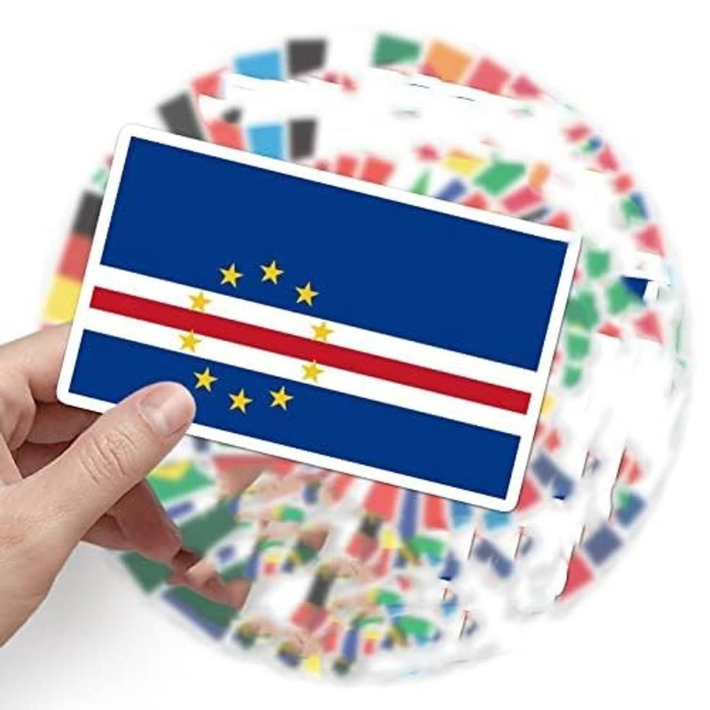 Hand holding a rectangular vinyl flag sticker with stars and red stripe details