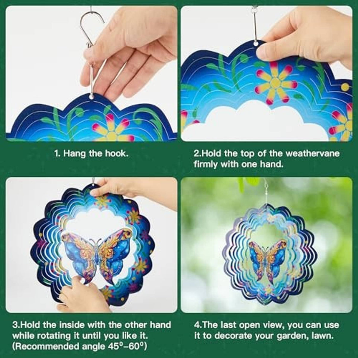Butterfly wind spinner held by hand, showing layered blue metal petals and hanging hook
