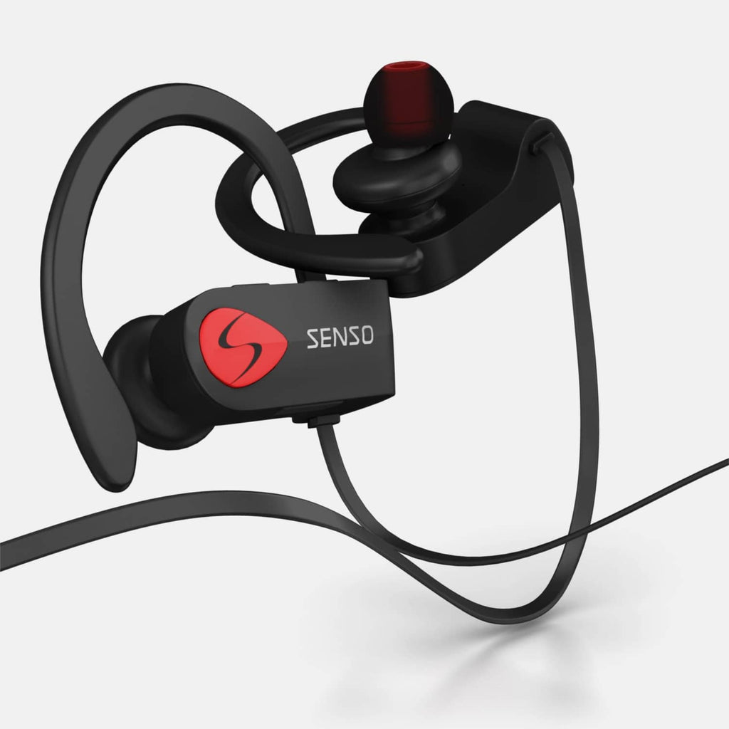 Black Bluetooth sports earbuds with mic, red accent on ear modules and cable