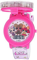 Kids light-up spinner LCD watch with pink strap and round character dial, digital time
