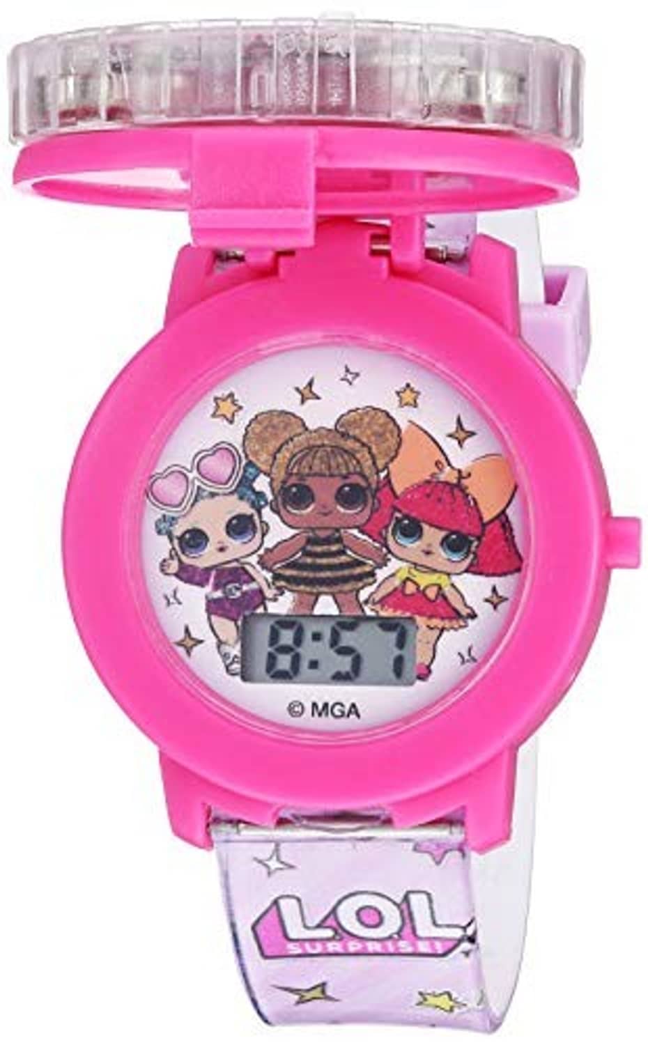 Kids light-up spinner LCD watch with pink strap and round character dial, digital time