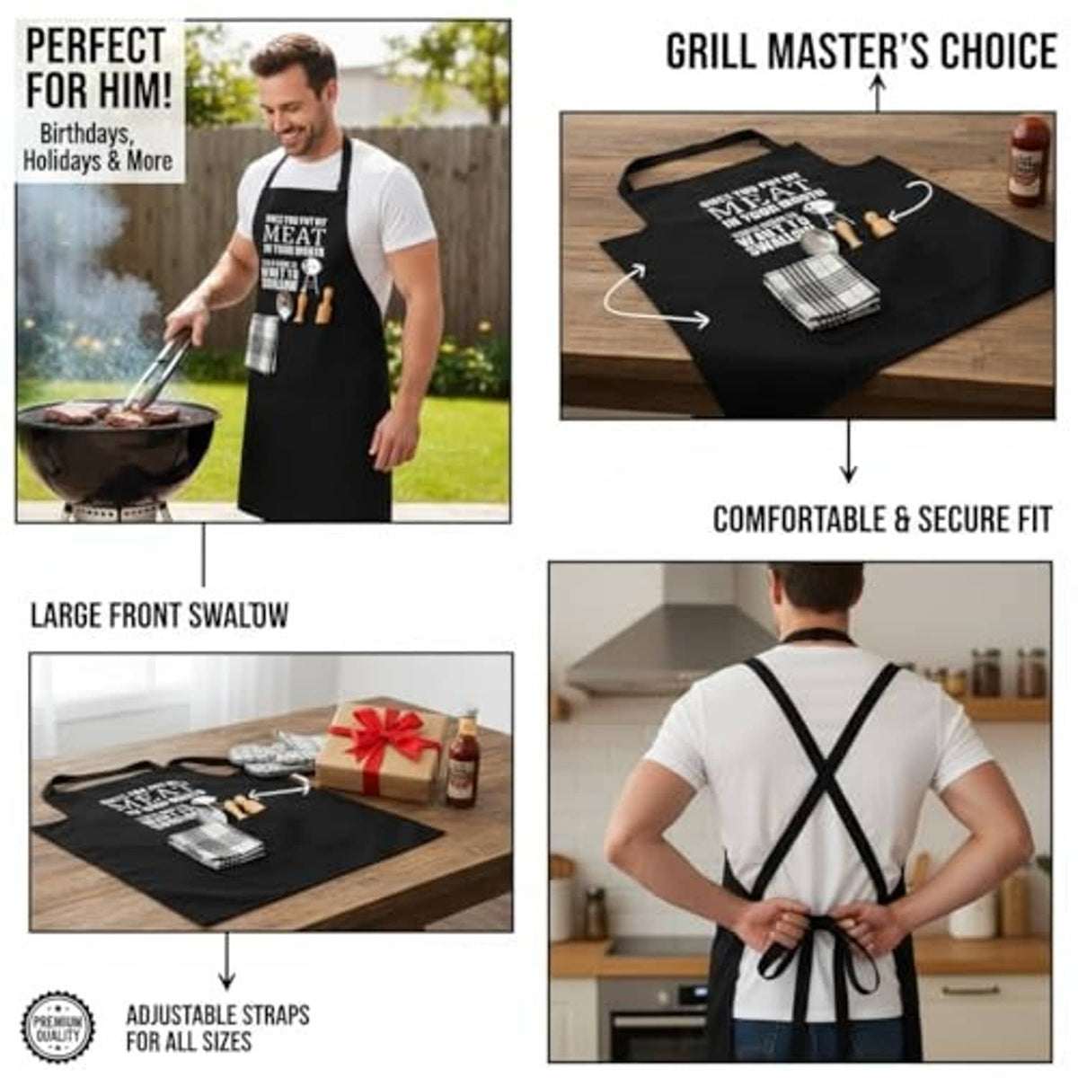 Black apron with crisscross back straps and adjustable fit, front pocket