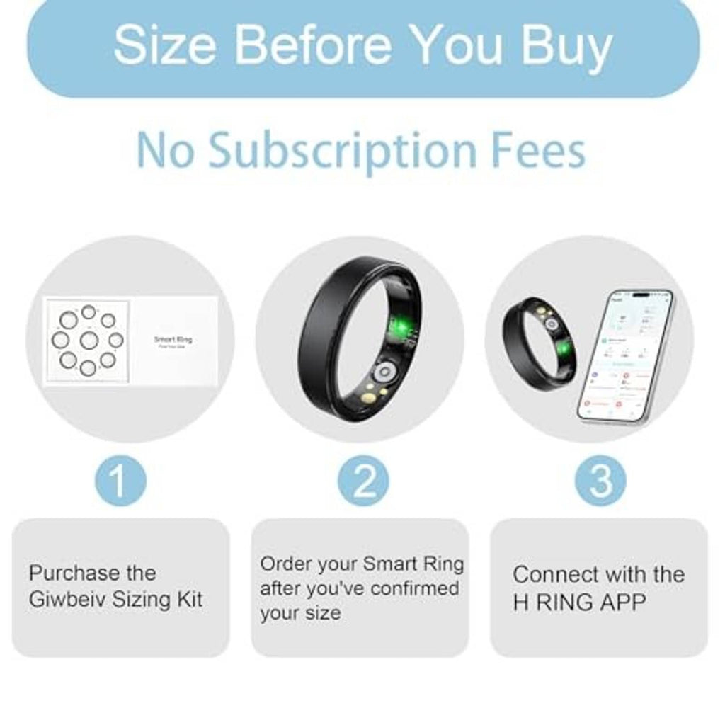Black smart ring sizing steps with small ring device and smartphone app screen