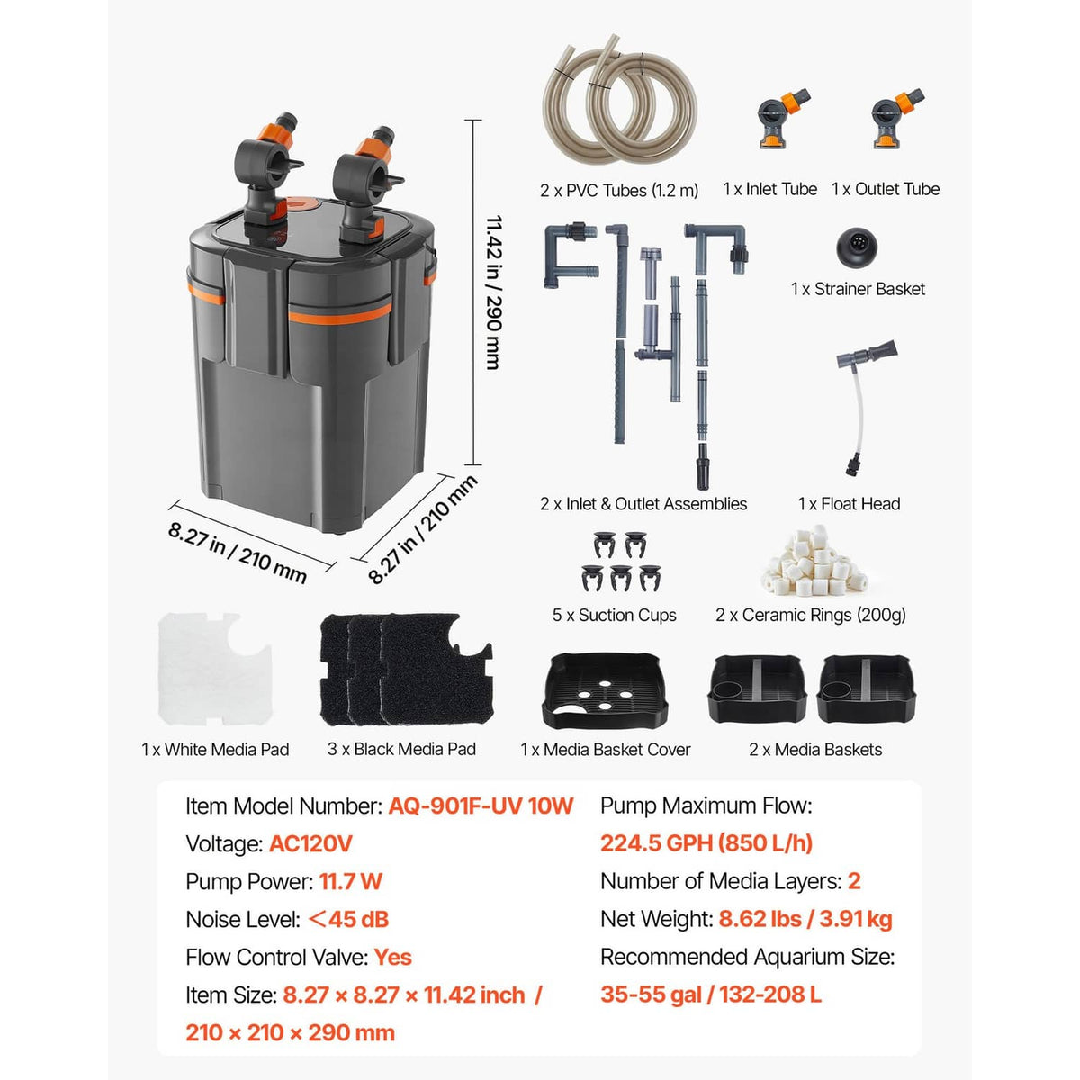 External aquarium filter kit with tubes, media pad, ceramic rings, suction cups, and parts