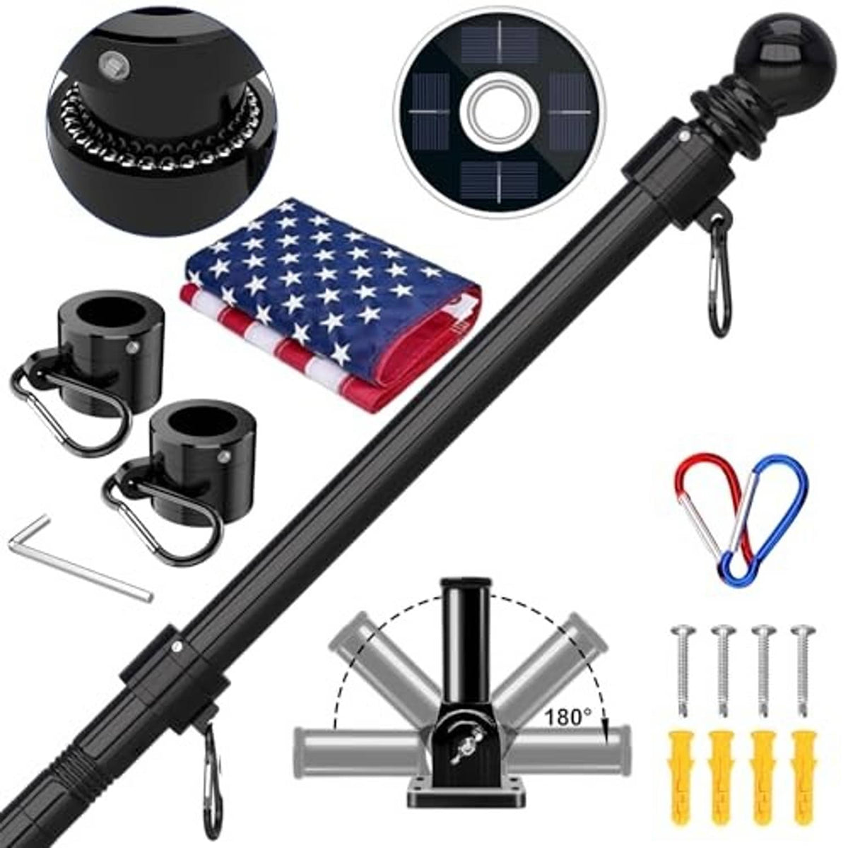 Black solar flagpole kit components laid out: light, pole, rings, holder, screws