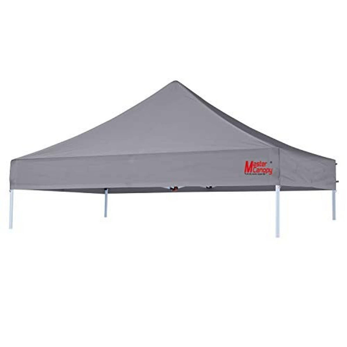 Gray pop-up canopy top with peaked roof and logo patch on side panel
