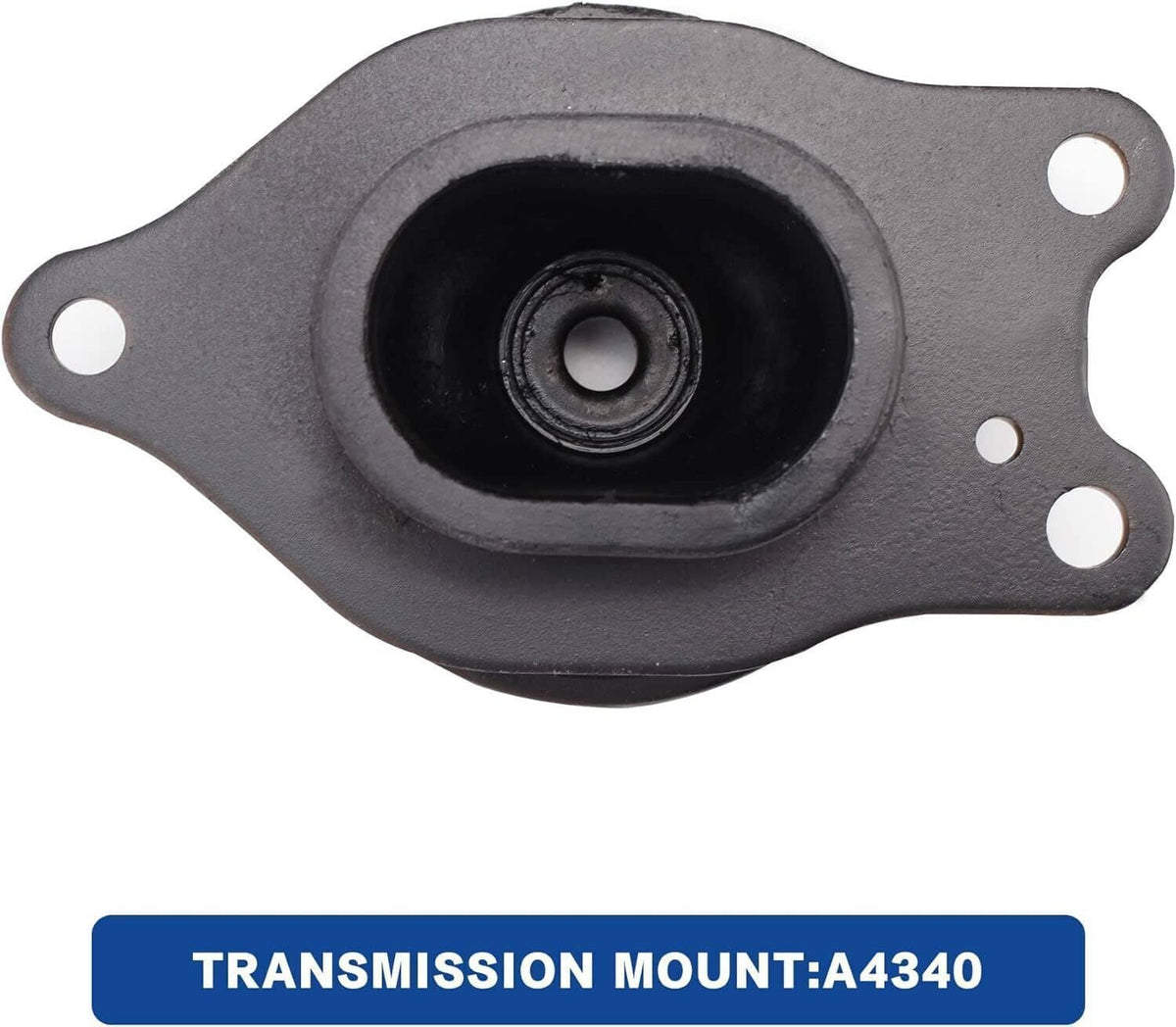 Transmission mount with dark rubber bushing and grey bracket, side view close-up