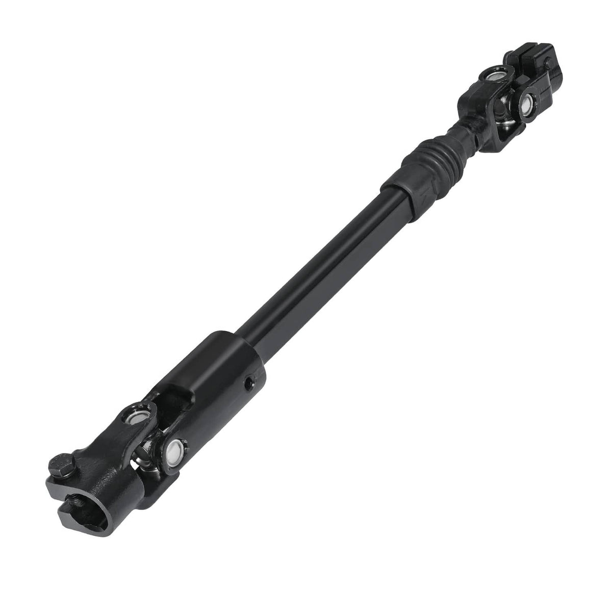 Black power steering column shaft with end yoke and bolt mounting plate