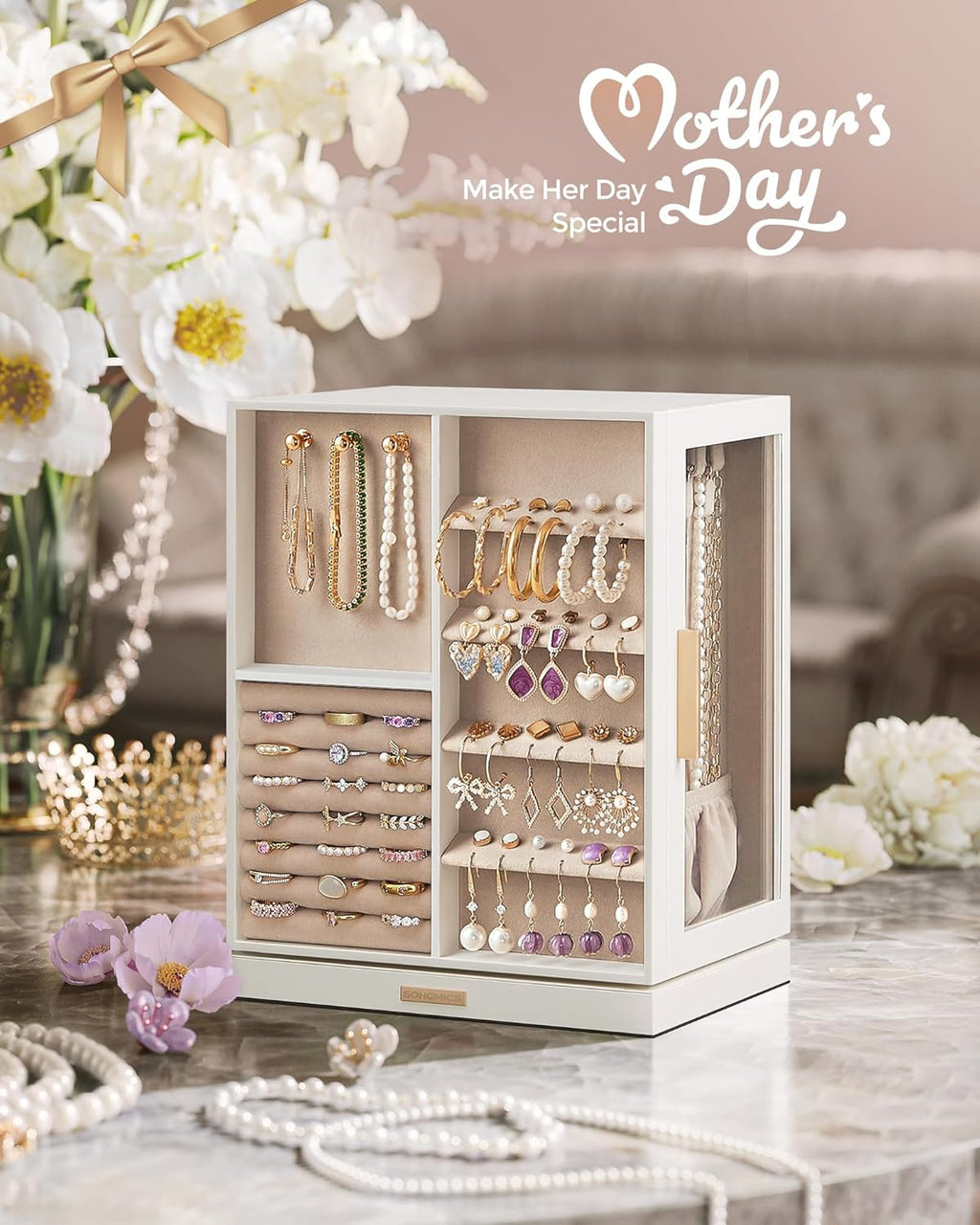 White rotating jewelry storage cabinet with drawers and organized earring and bracelet spaces