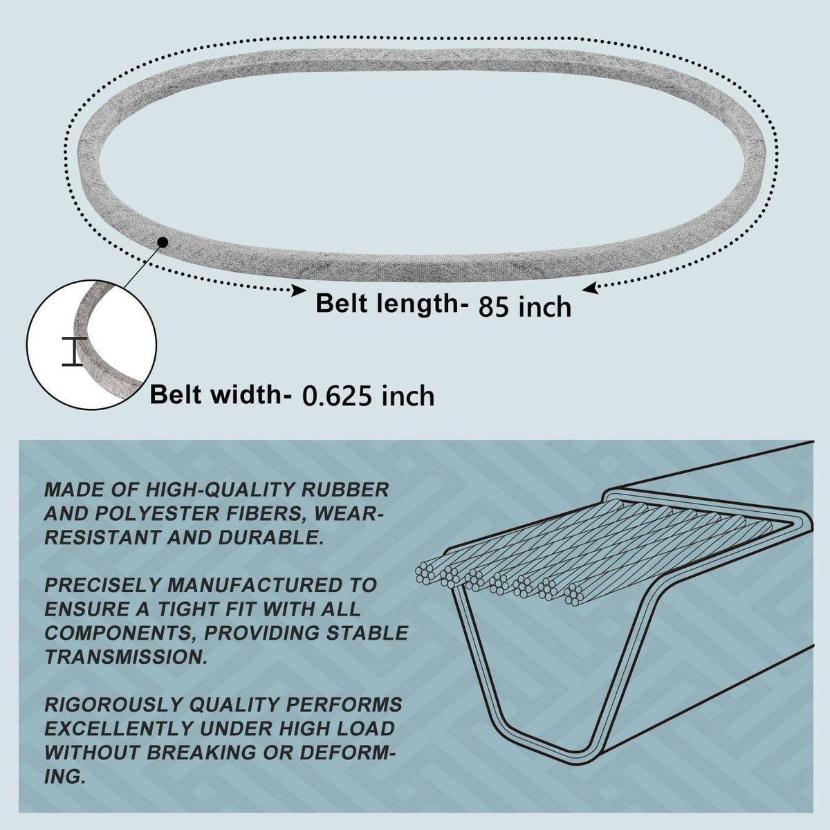 Mower deck belt diagram showing oval belt shape with width and length indicators