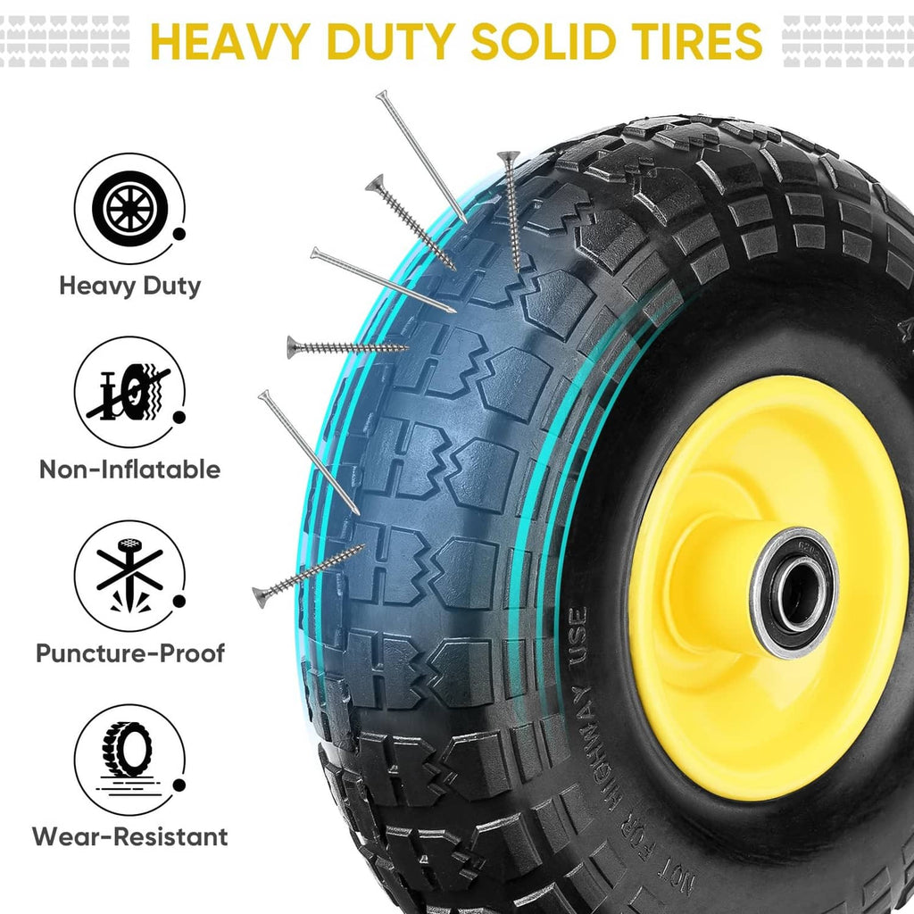 Solid black tire with deep tread pattern and yellow rim, puncture-resistant