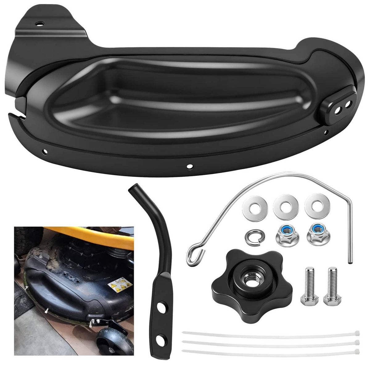Black lawn mower mulch plug kit with installation hardware and rods
