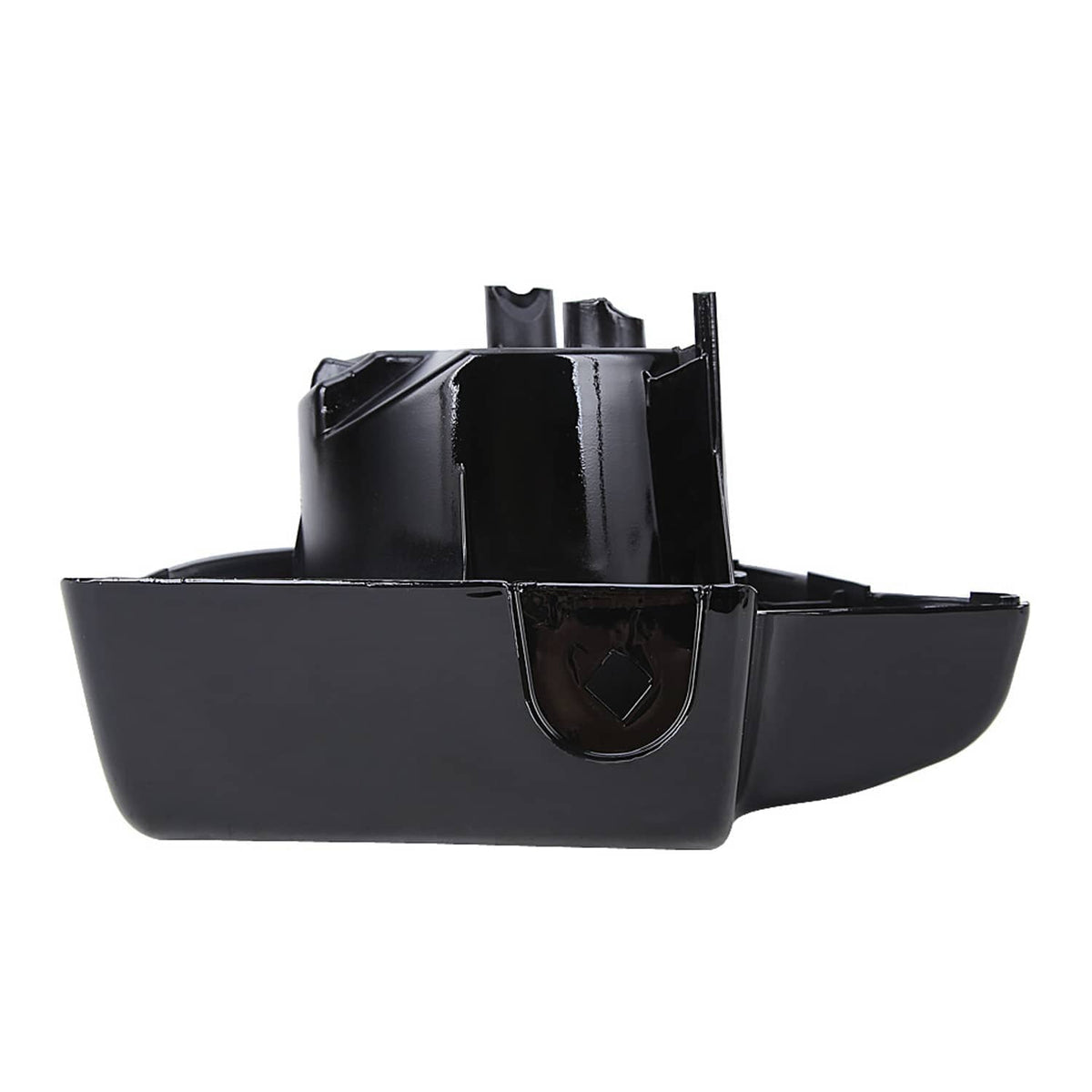 Rear view of black speaker pod boxes with mounting tabs and internal braces