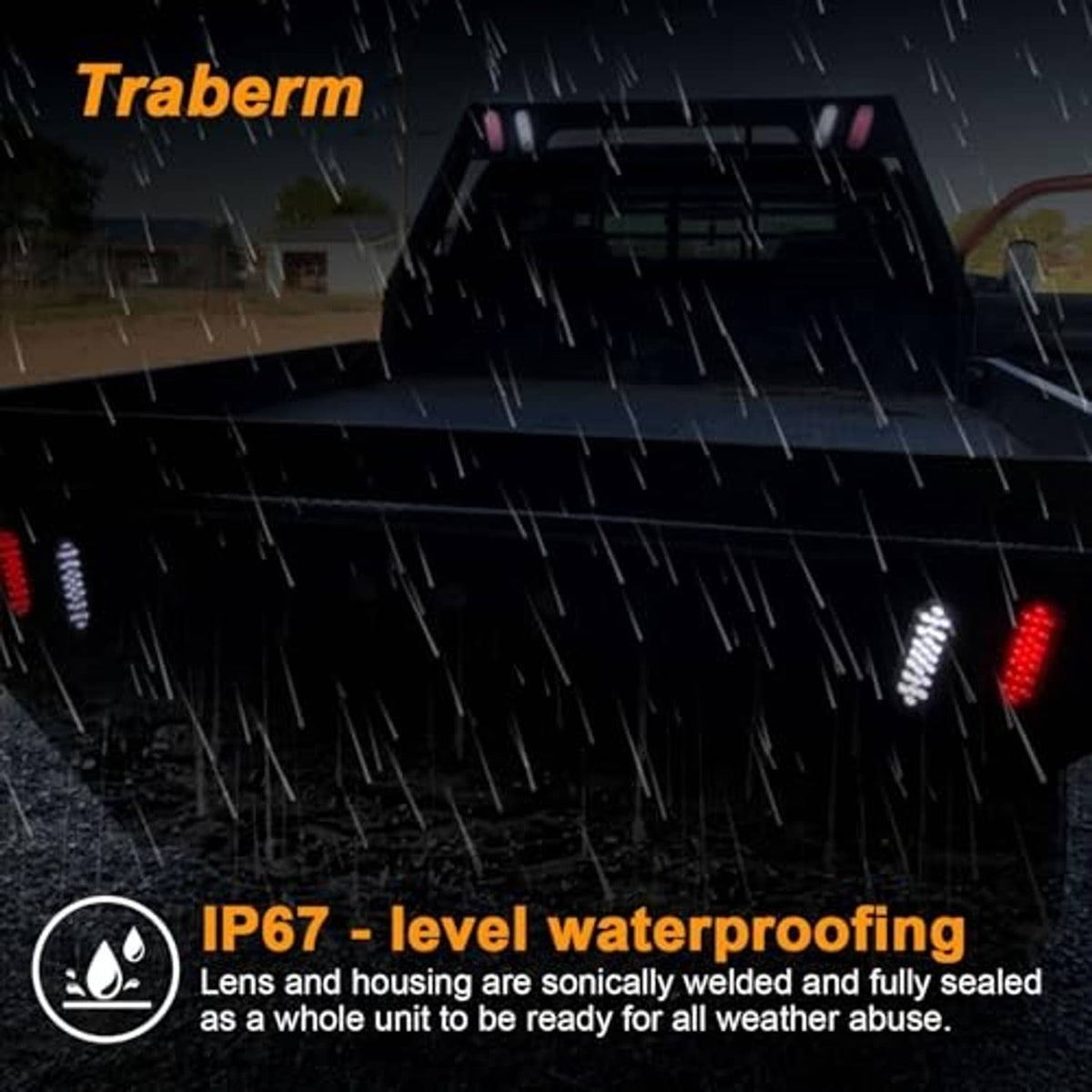 Weather-sealed oval LED trailer tail light with clear lens and red glow, IP67 style