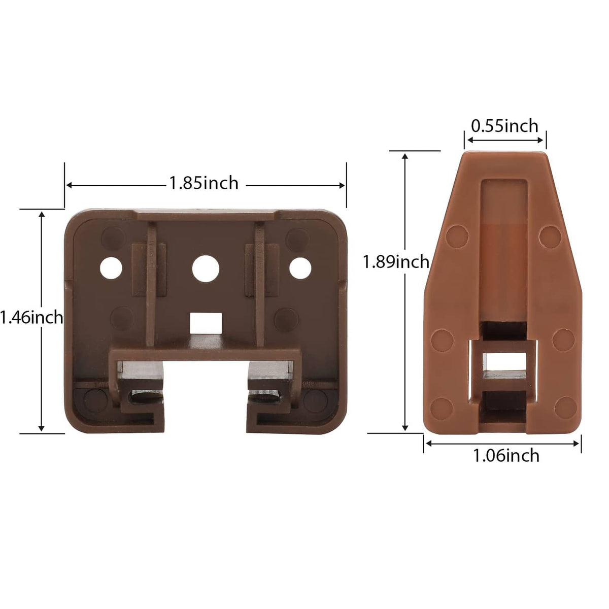 Brown plastic drawer slide guide set, front and side views with connector rails