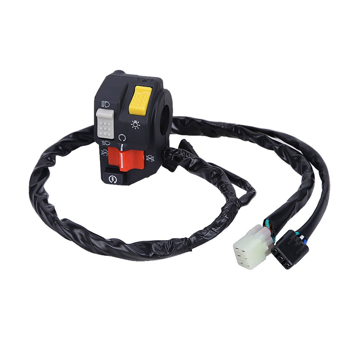 Motorcycle kill/light switch with bundled black wire harness and connector plugs