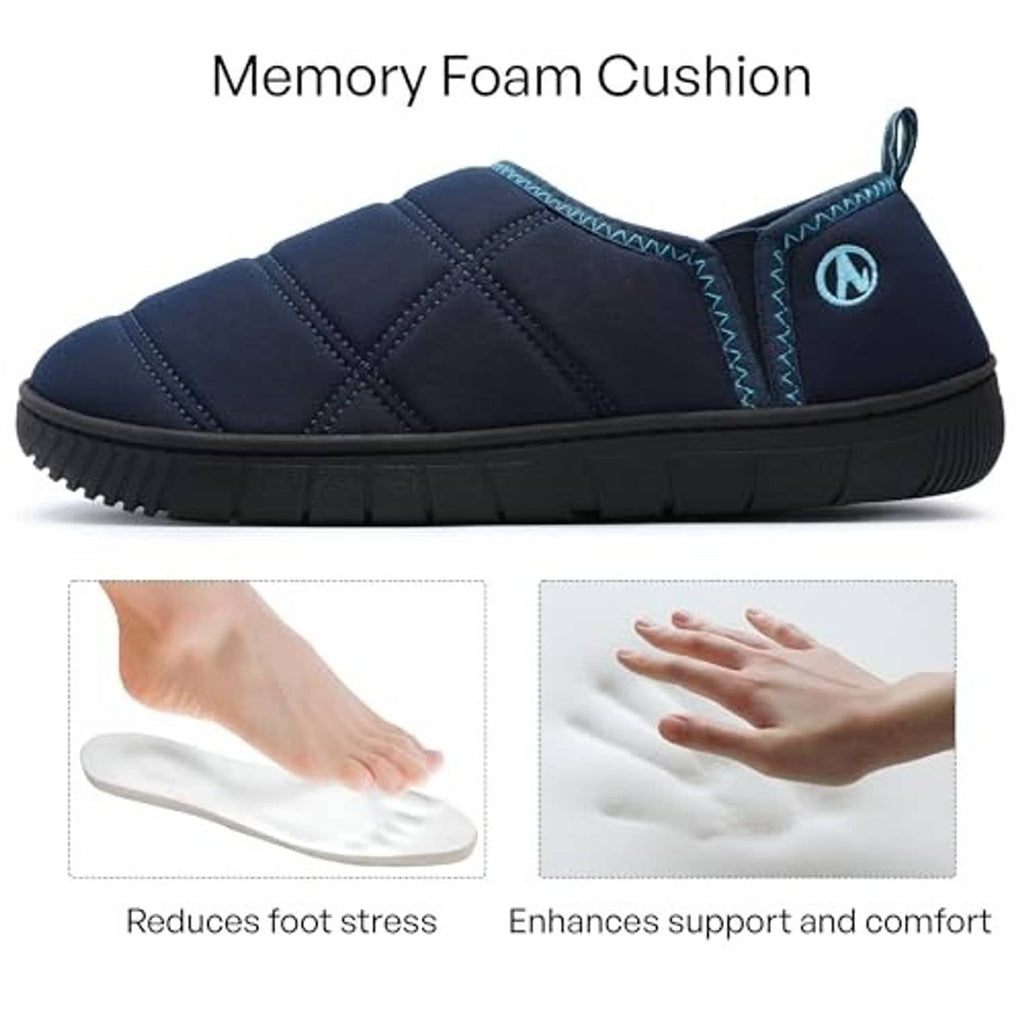Blue slip-on slipper with thick memory-foam style cushion and side gore detail