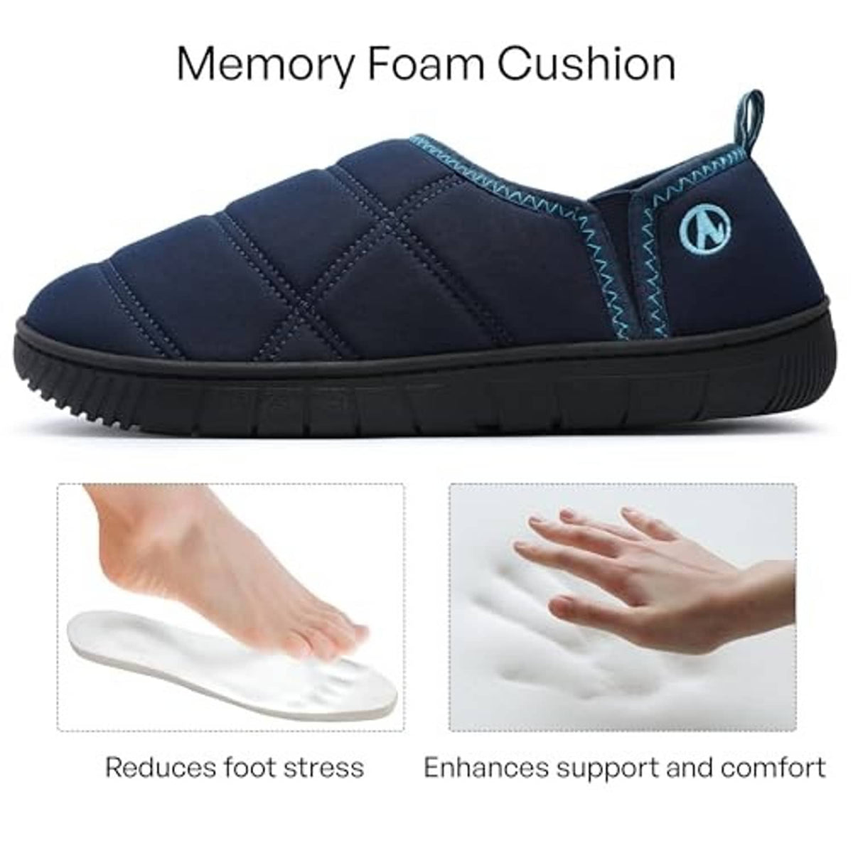 Blue slip-on slipper with thick memory-foam style cushion and side gore detail
